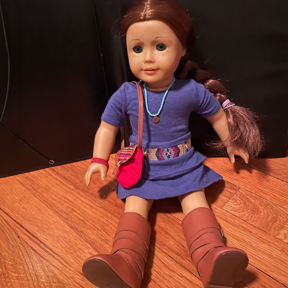 American Girl Doll Sage in original outfit with jewelry and bag